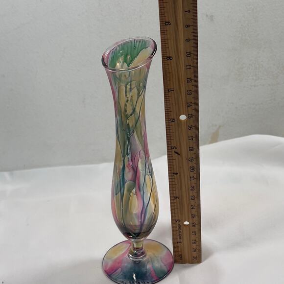 Rueven Nouveau Art Glass Co. Hand Painted Translucent Bud Vase 8" Tall - Picture 6 of 15